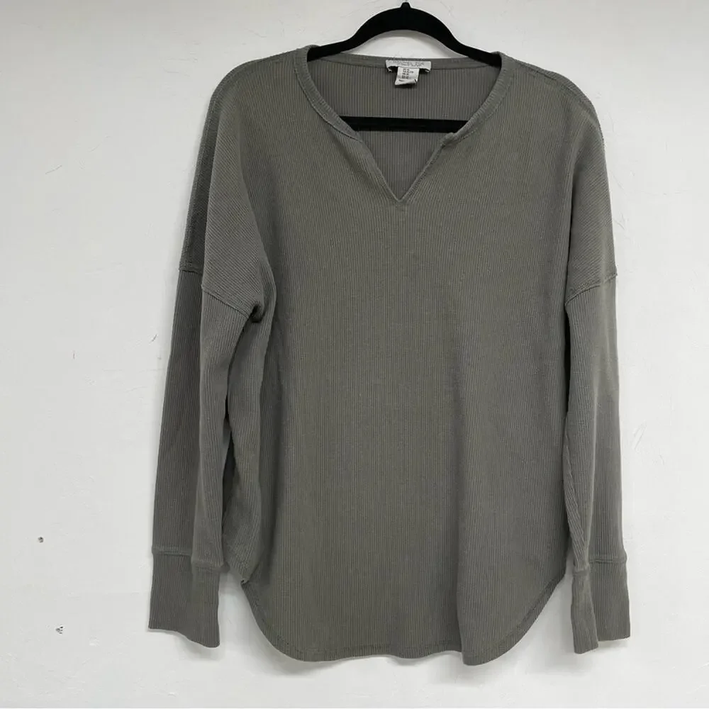 Rachel Zoe Grey Waffle Knit Thermal V Neck Sweater XL